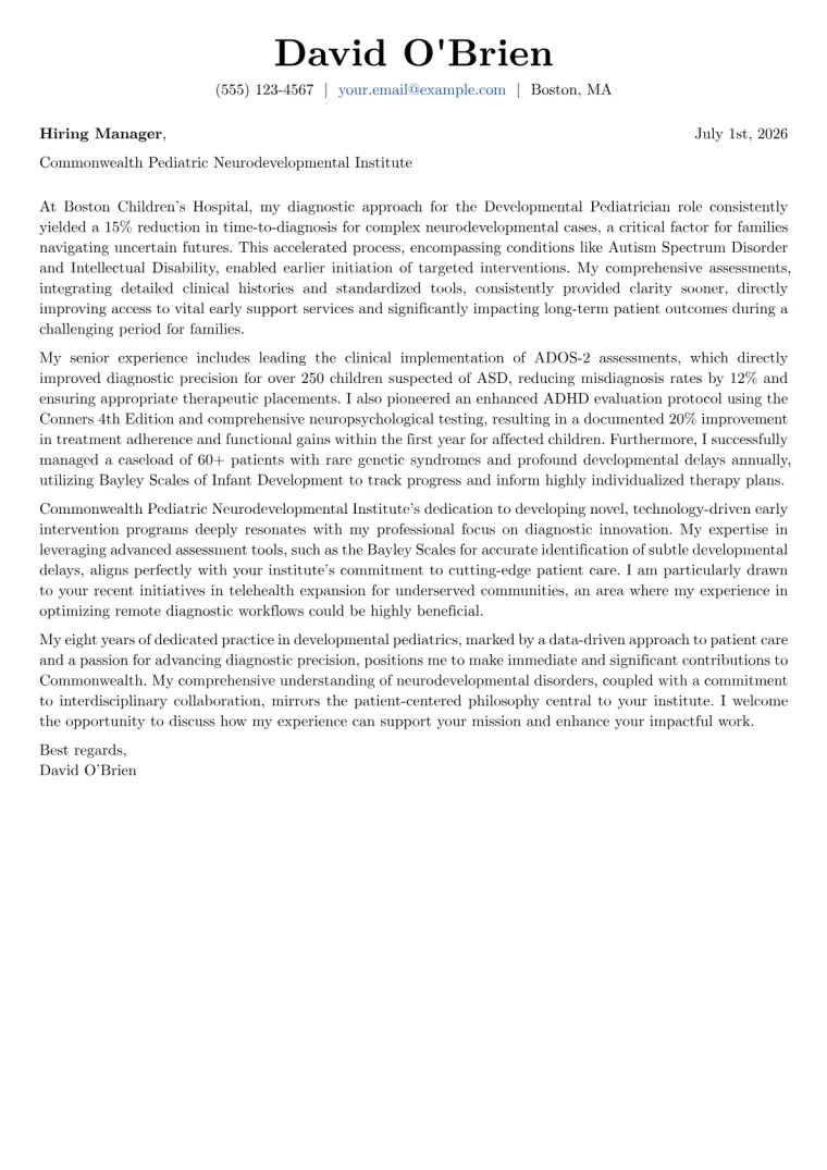 Developmental Pediatrician cover letter example preview