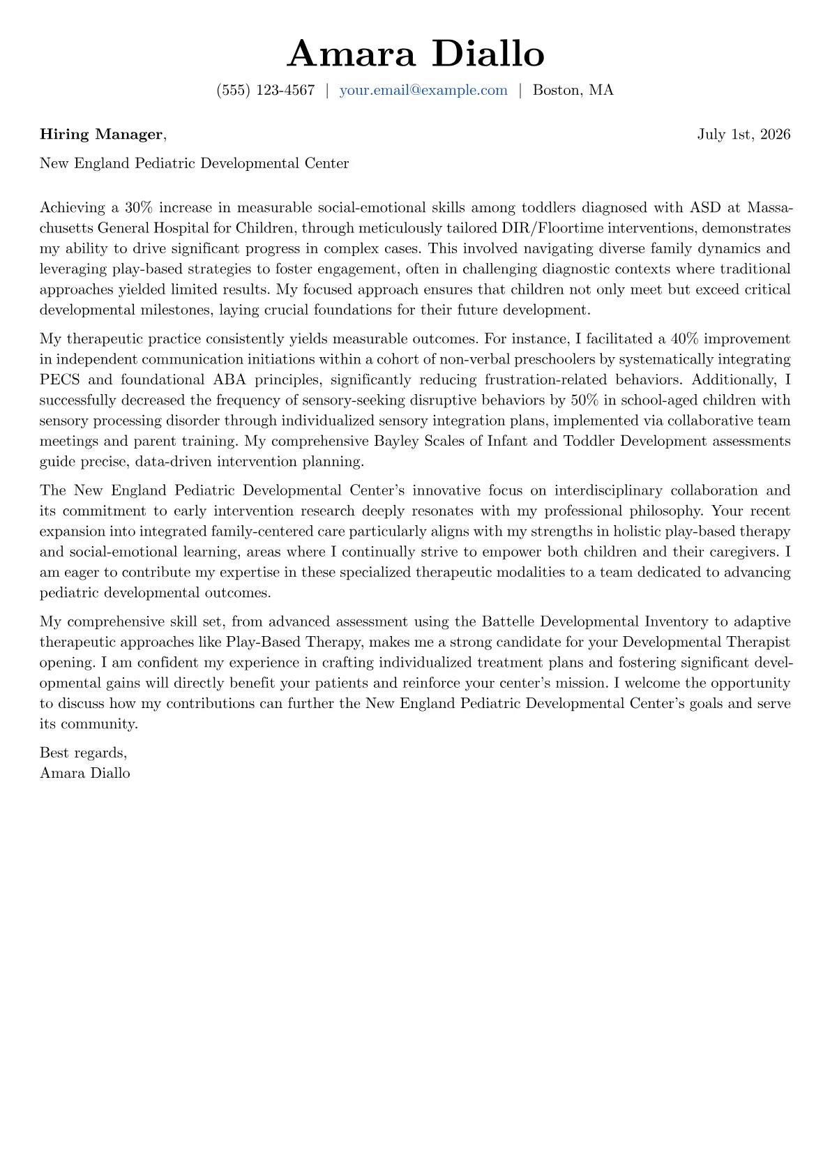 Developmental Therapist cover letter formatted with a JobSprout template