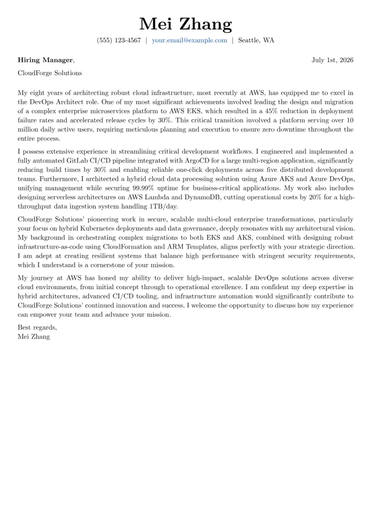 DevOps Architect cover letter example