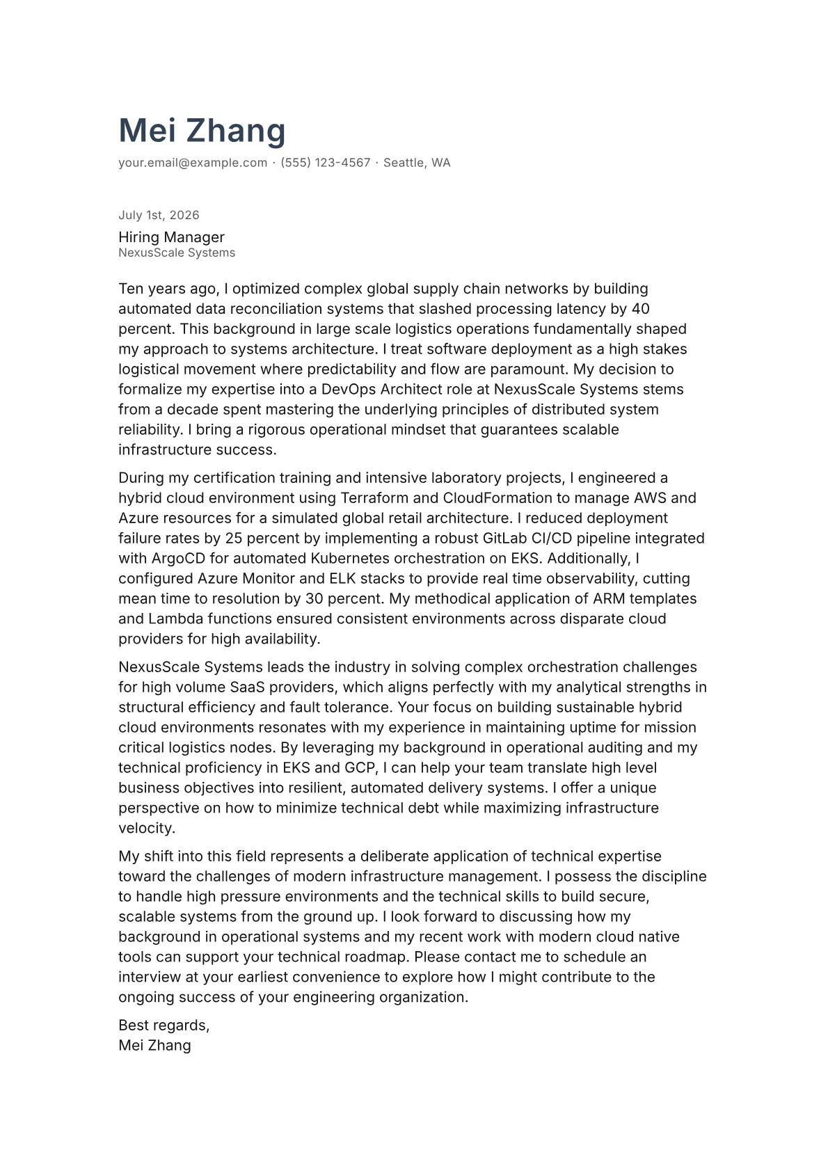 DevOps Architect cover letter in the Minimal design