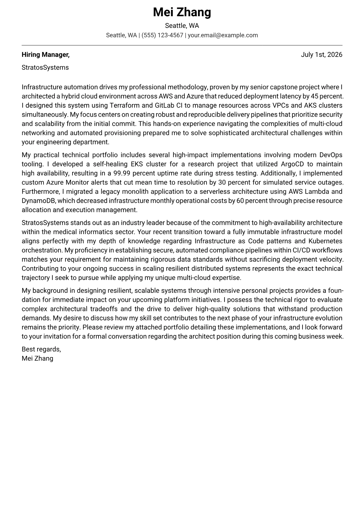 DevOps Architect cover letter in the Modern design