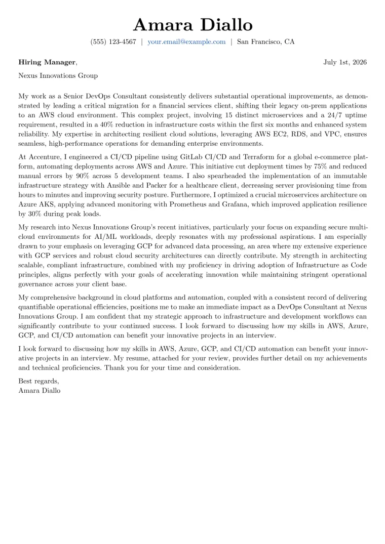DevOps Consultant cover letter example preview