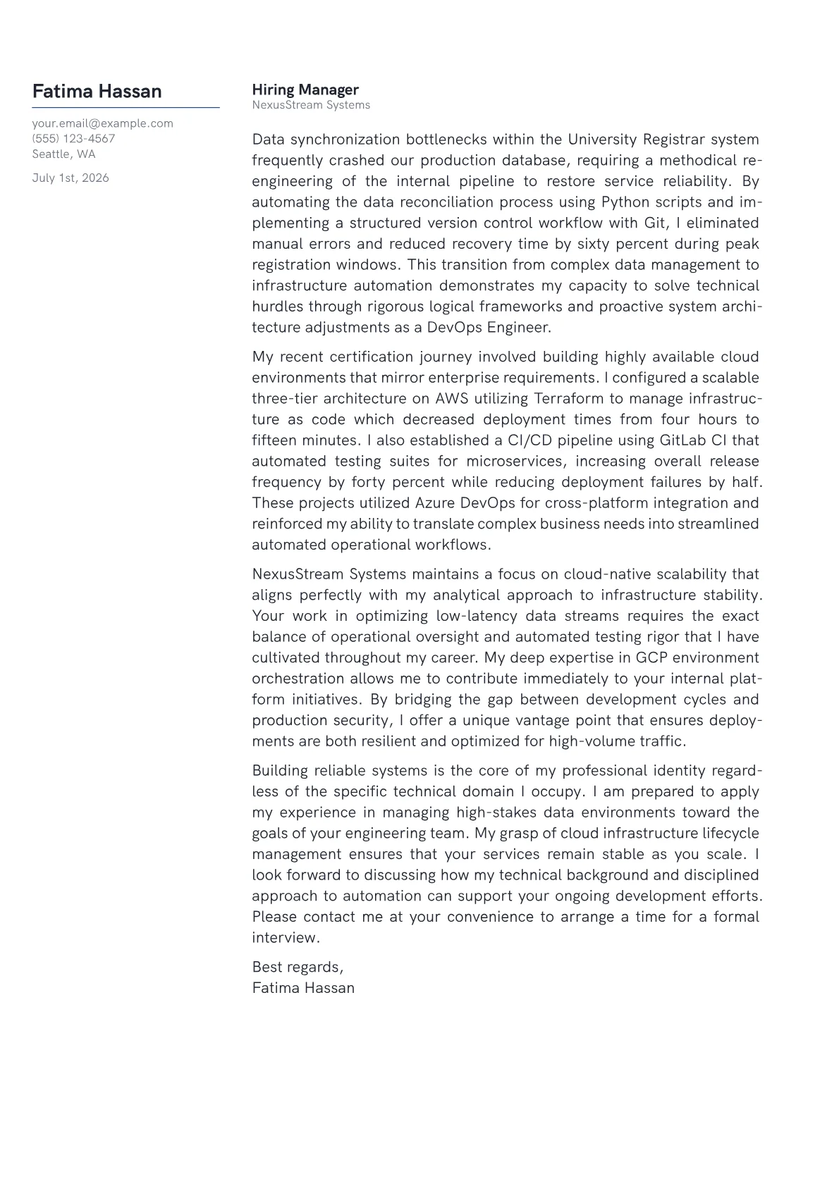 DevOps Engineer cover letter in the Margin design