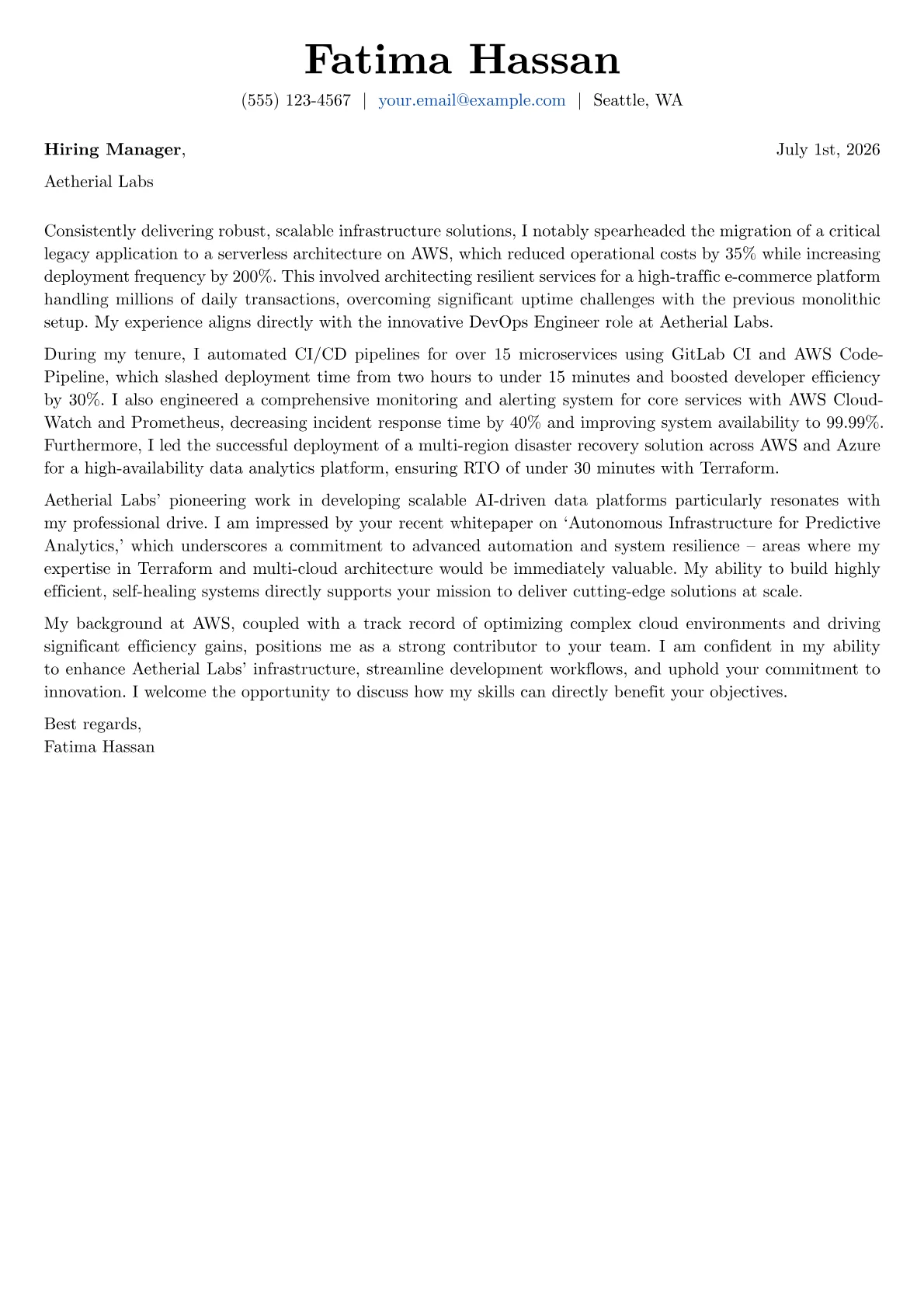 DevOps Engineer cover letter formatted with a JobSprout template