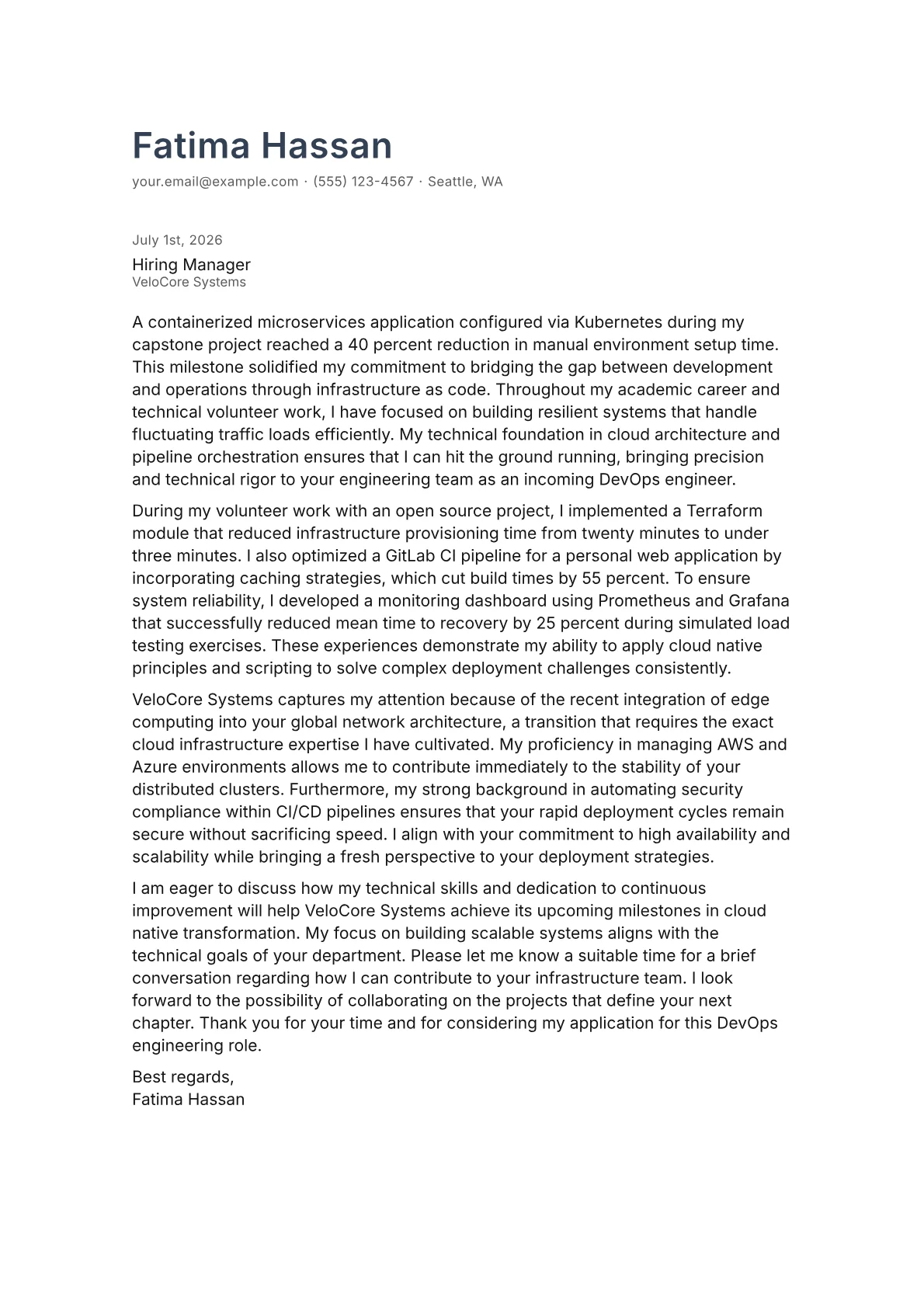 DevOps Engineer cover letter in the Minimal design