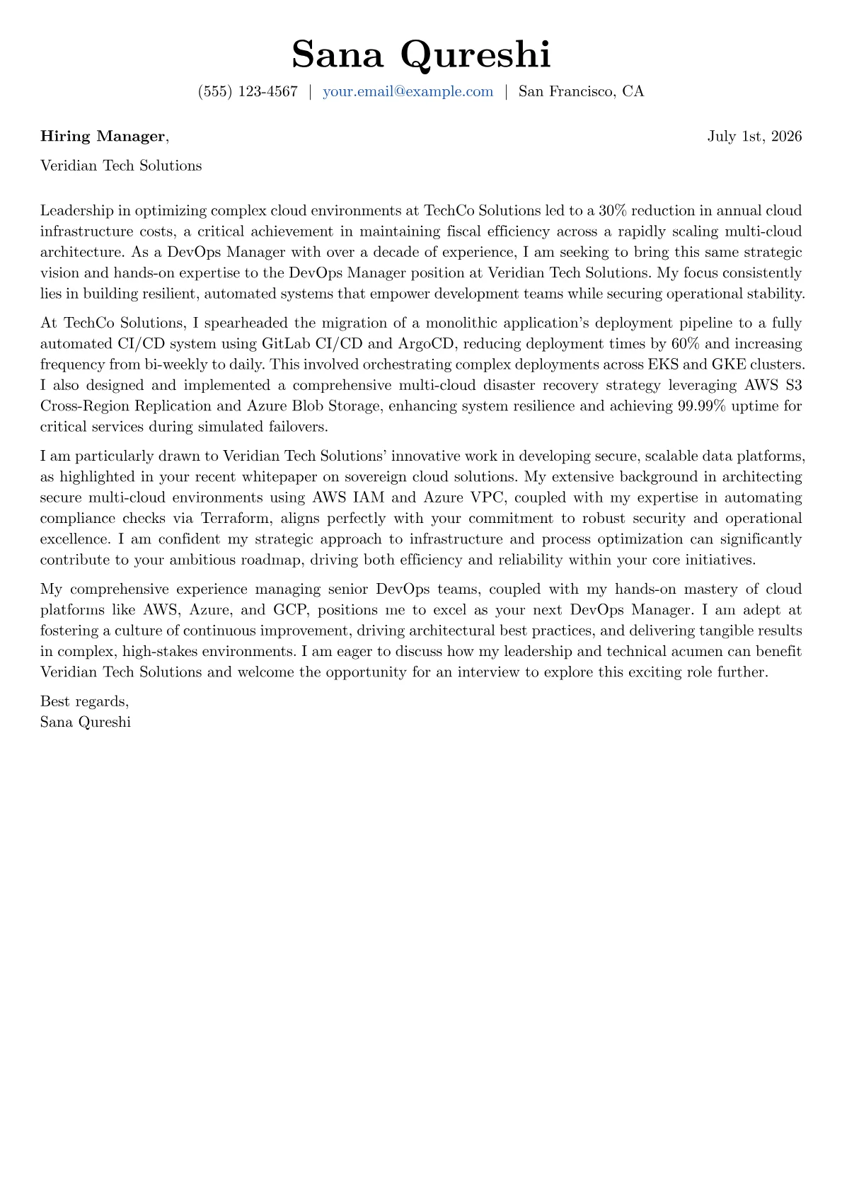 DevOps Manager cover letter formatted with a JobSprout template