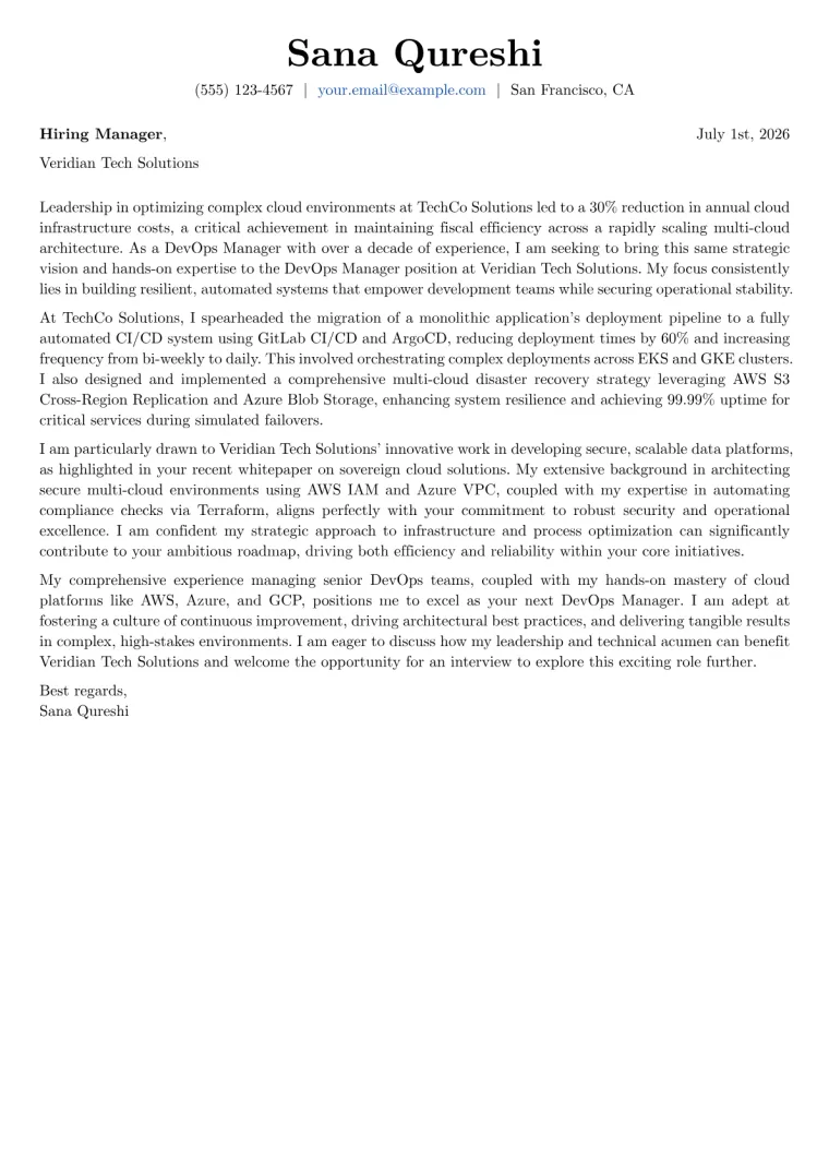 DevOps Manager cover letter example preview
