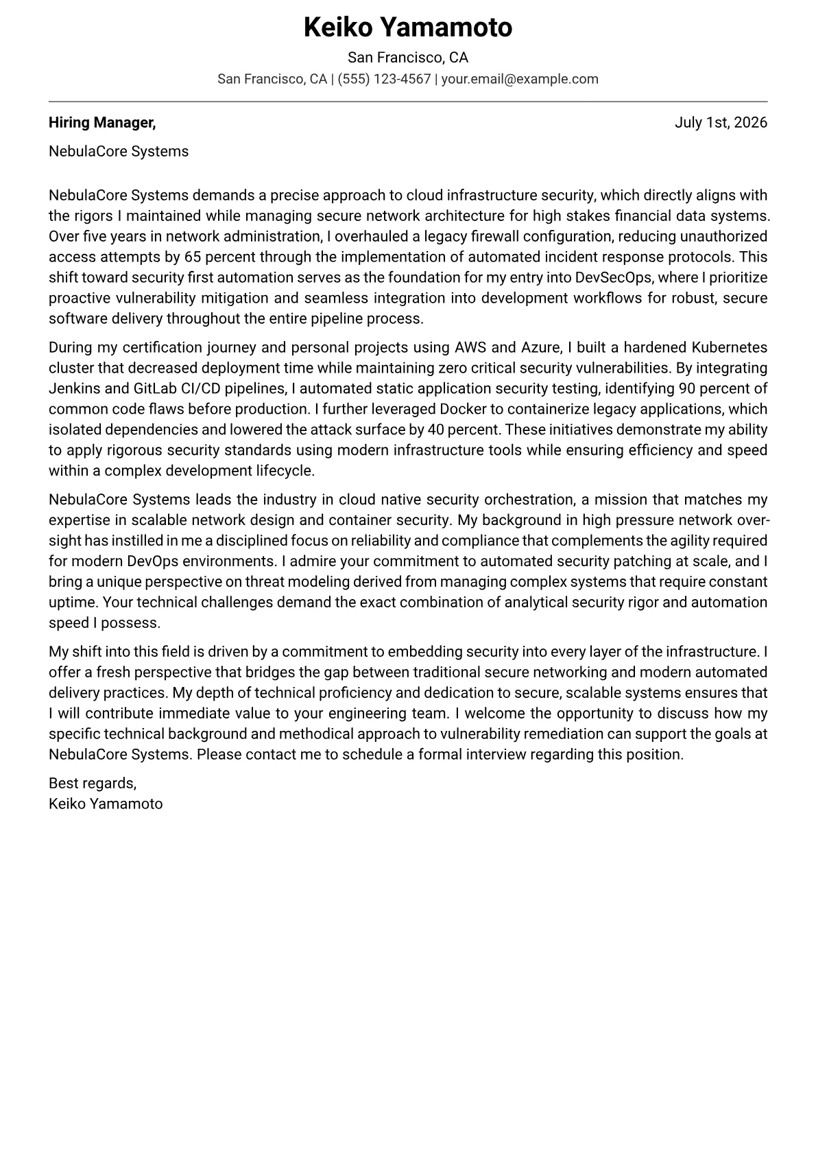 DevSecOps Engineer cover letter in the Modern design