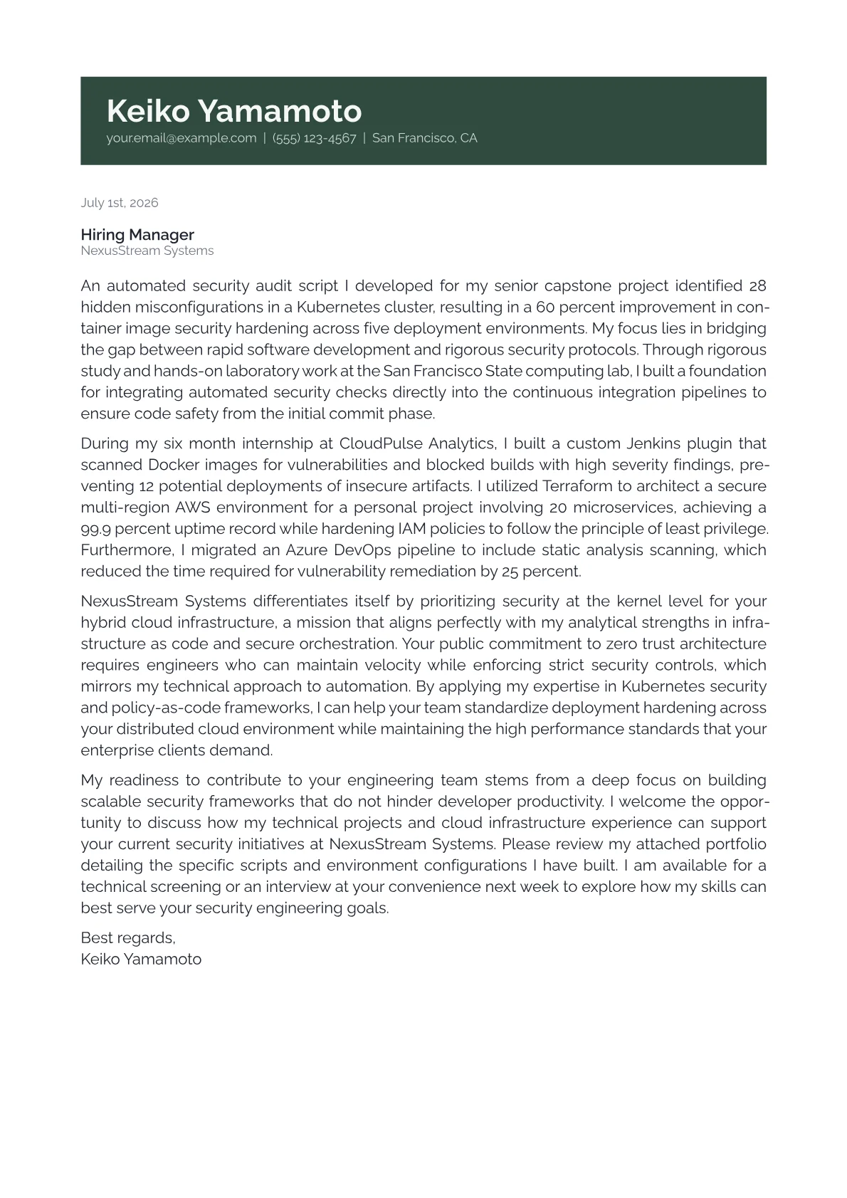 DevSecOps Engineer cover letter in the Banner design