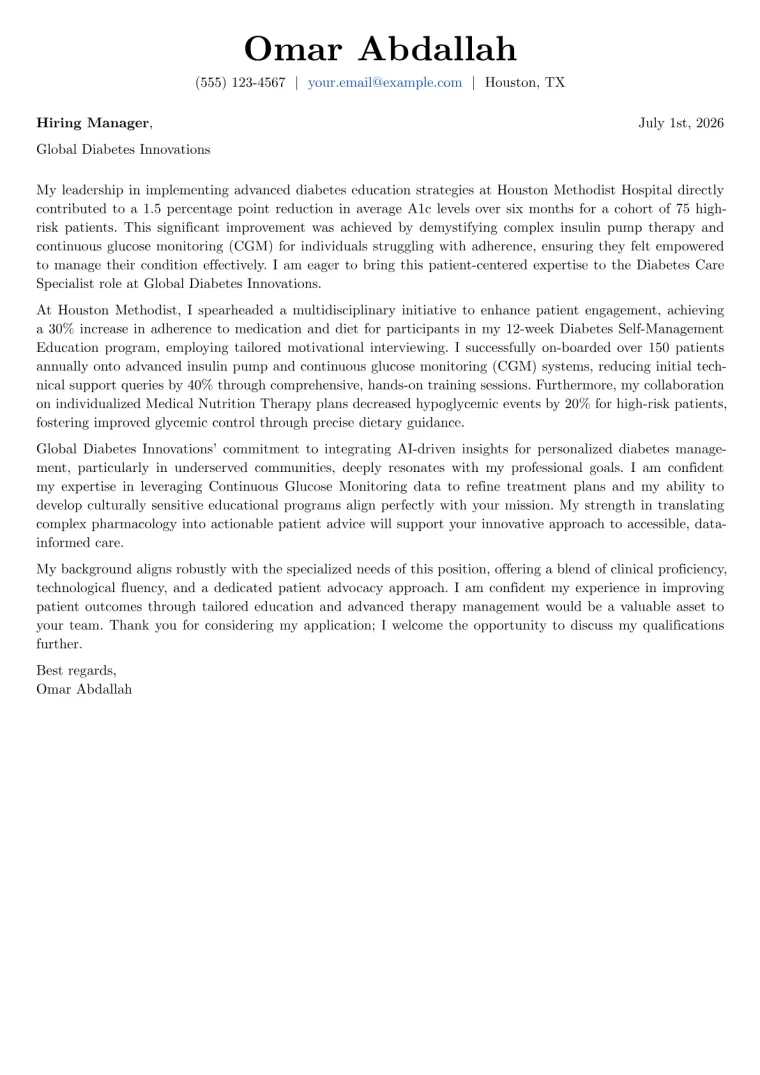 Diabetes Care Specialist cover letter example preview