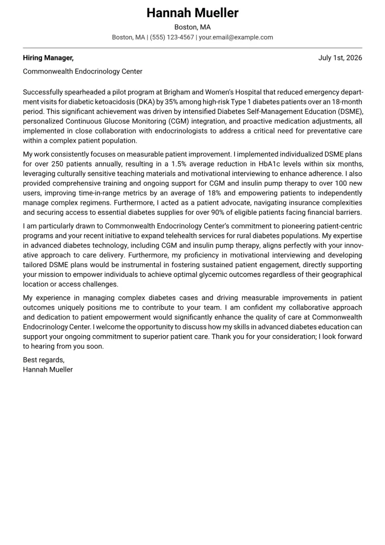 Diabetes Educator Nurse cover letter example preview