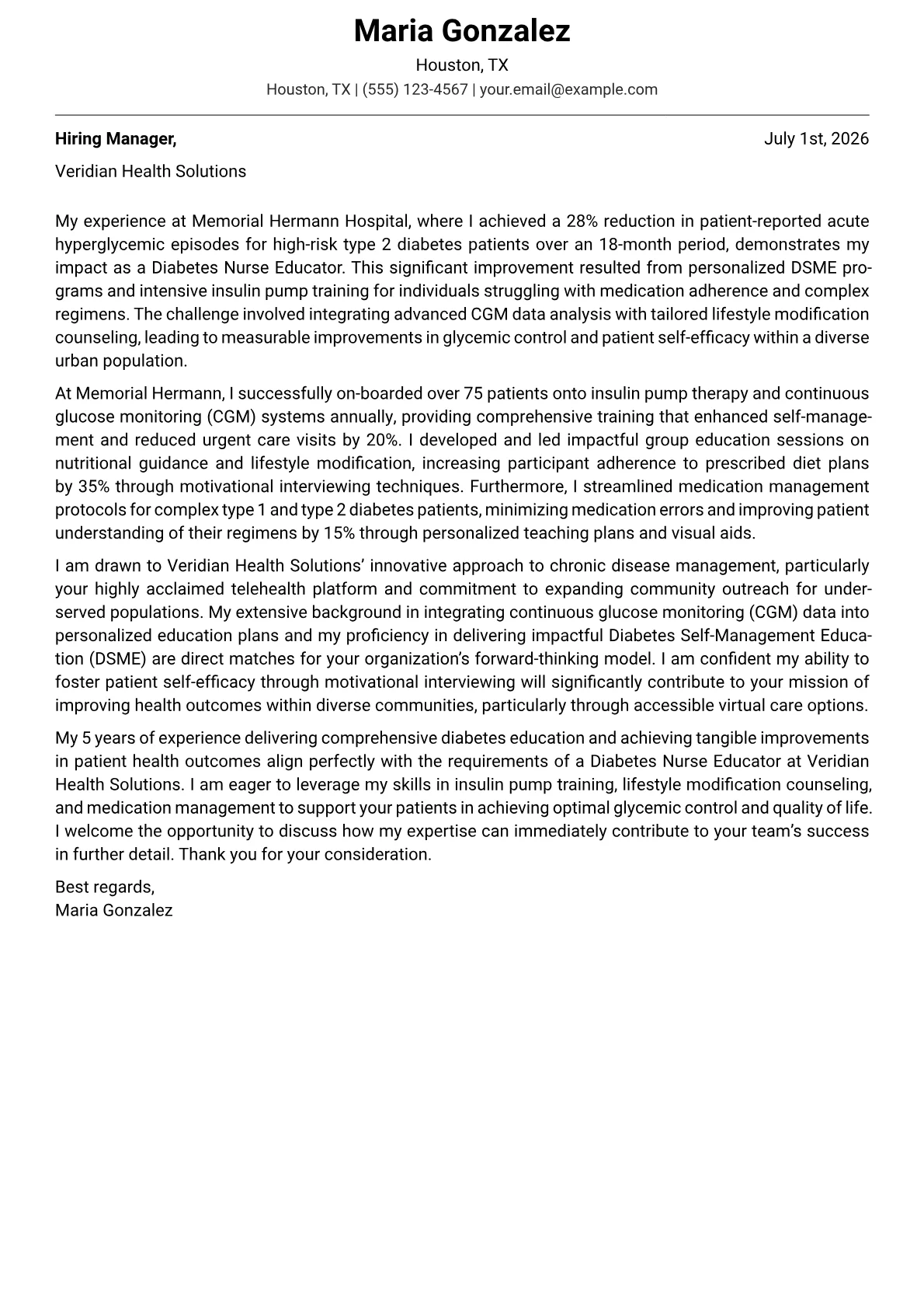 Diabetes Nurse Educator cover letter formatted with a JobSprout template
