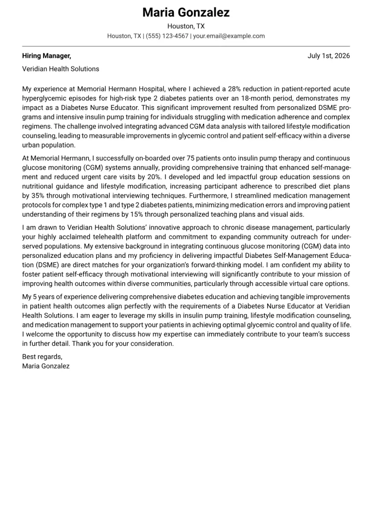 Diabetes Nurse Educator cover letter example preview
