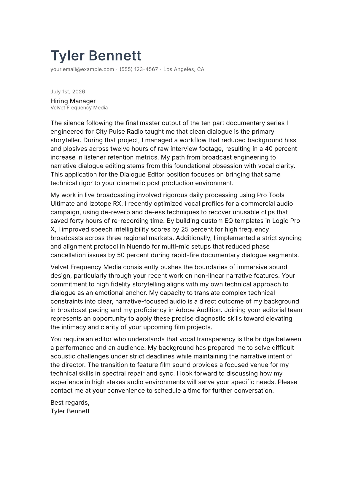Dialogue Editor cover letter in the Minimal design