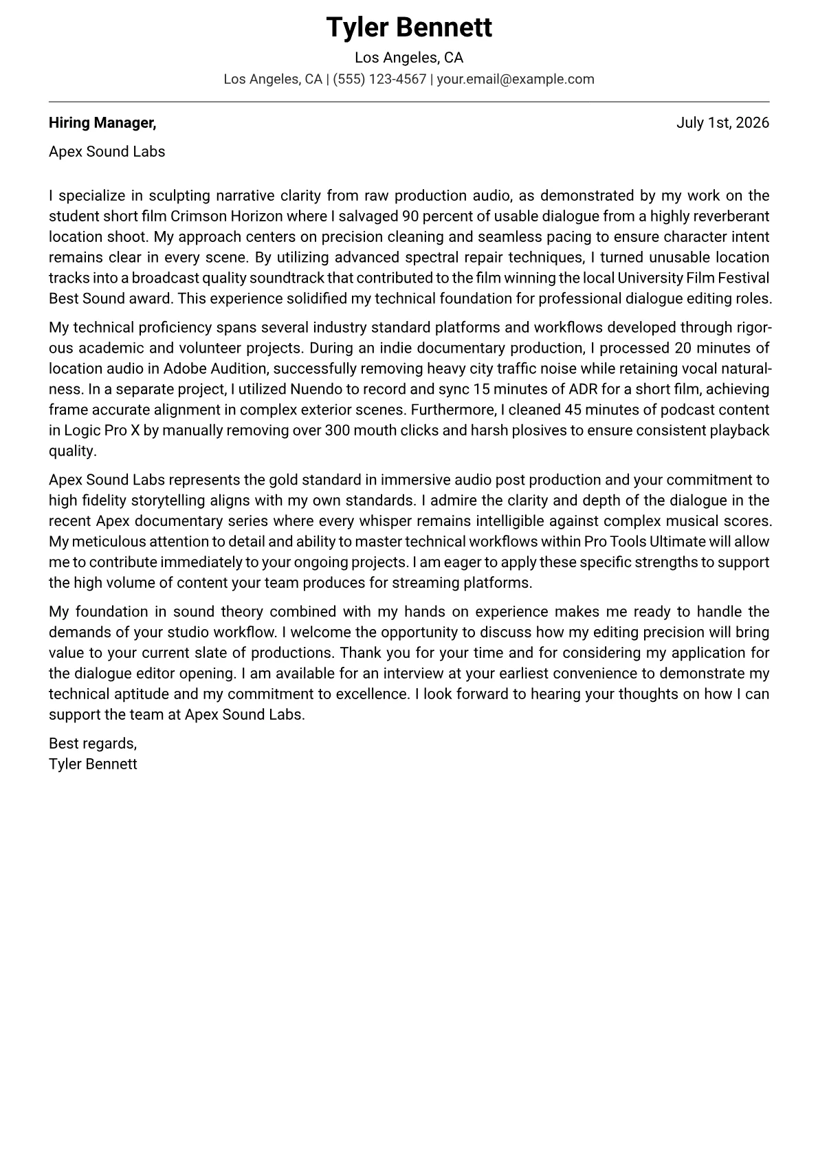 Dialogue Editor cover letter in the Modern design