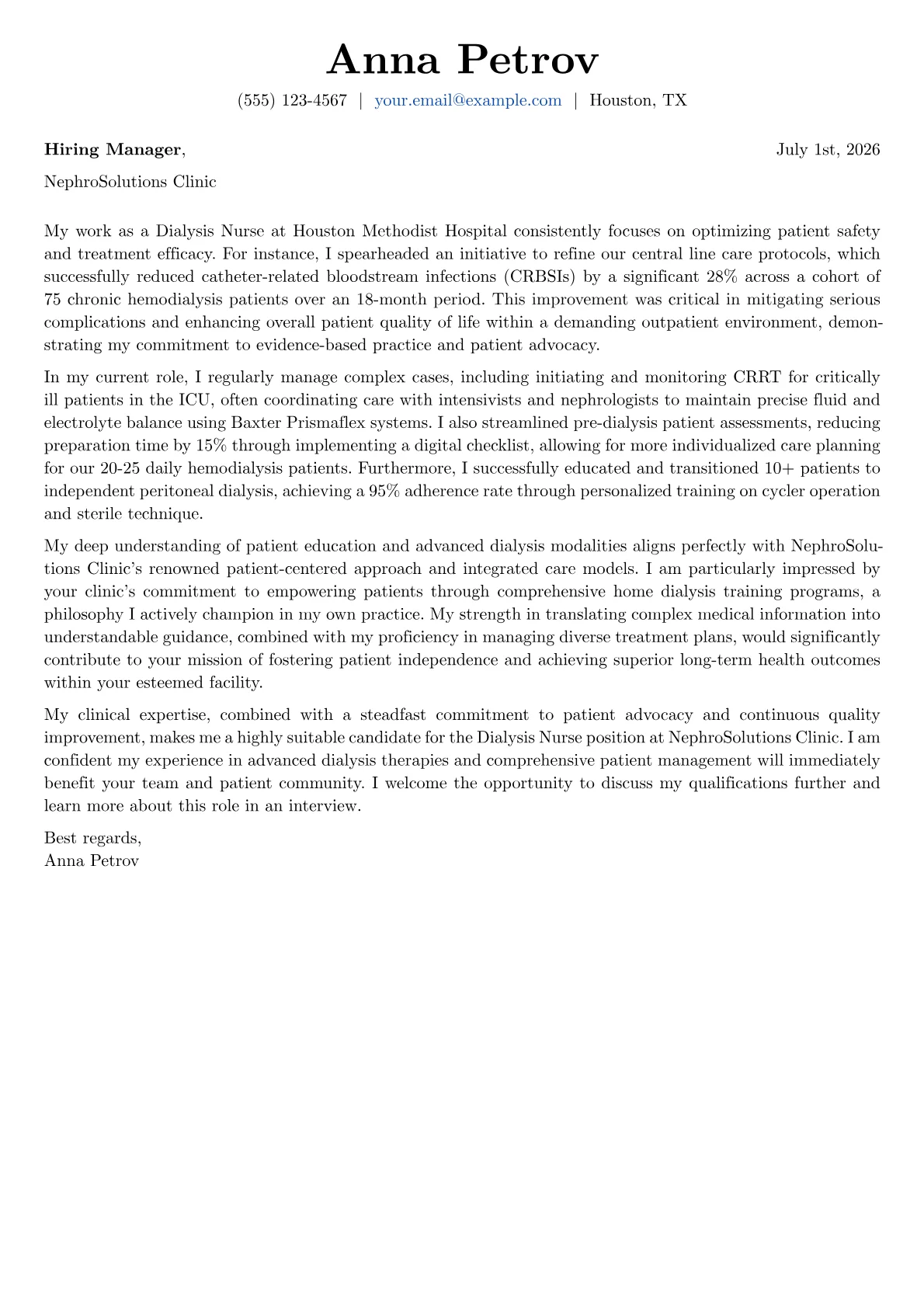 Dialysis Nurse cover letter formatted with a JobSprout template