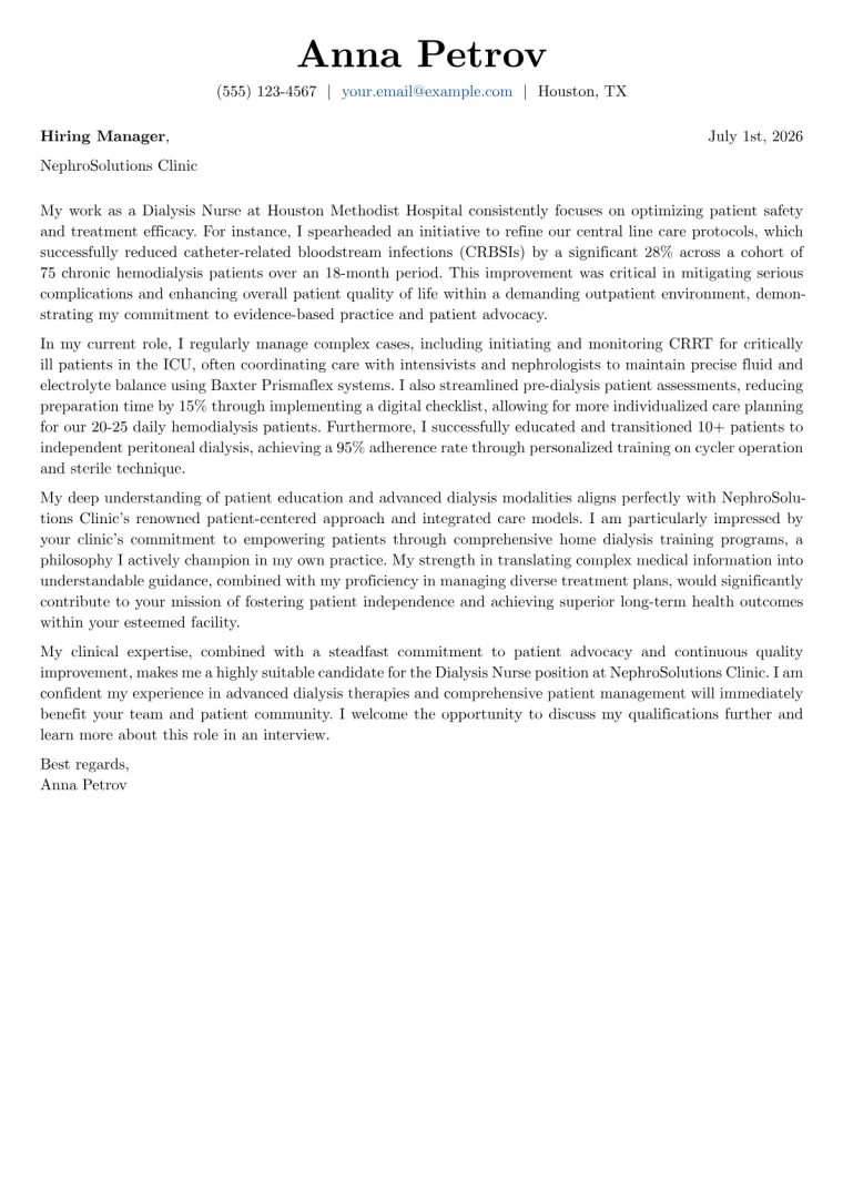 Dialysis Nurse cover letter example preview