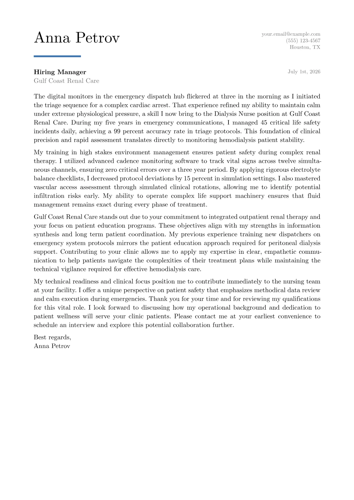 Dialysis Nurse cover letter in the Executive design