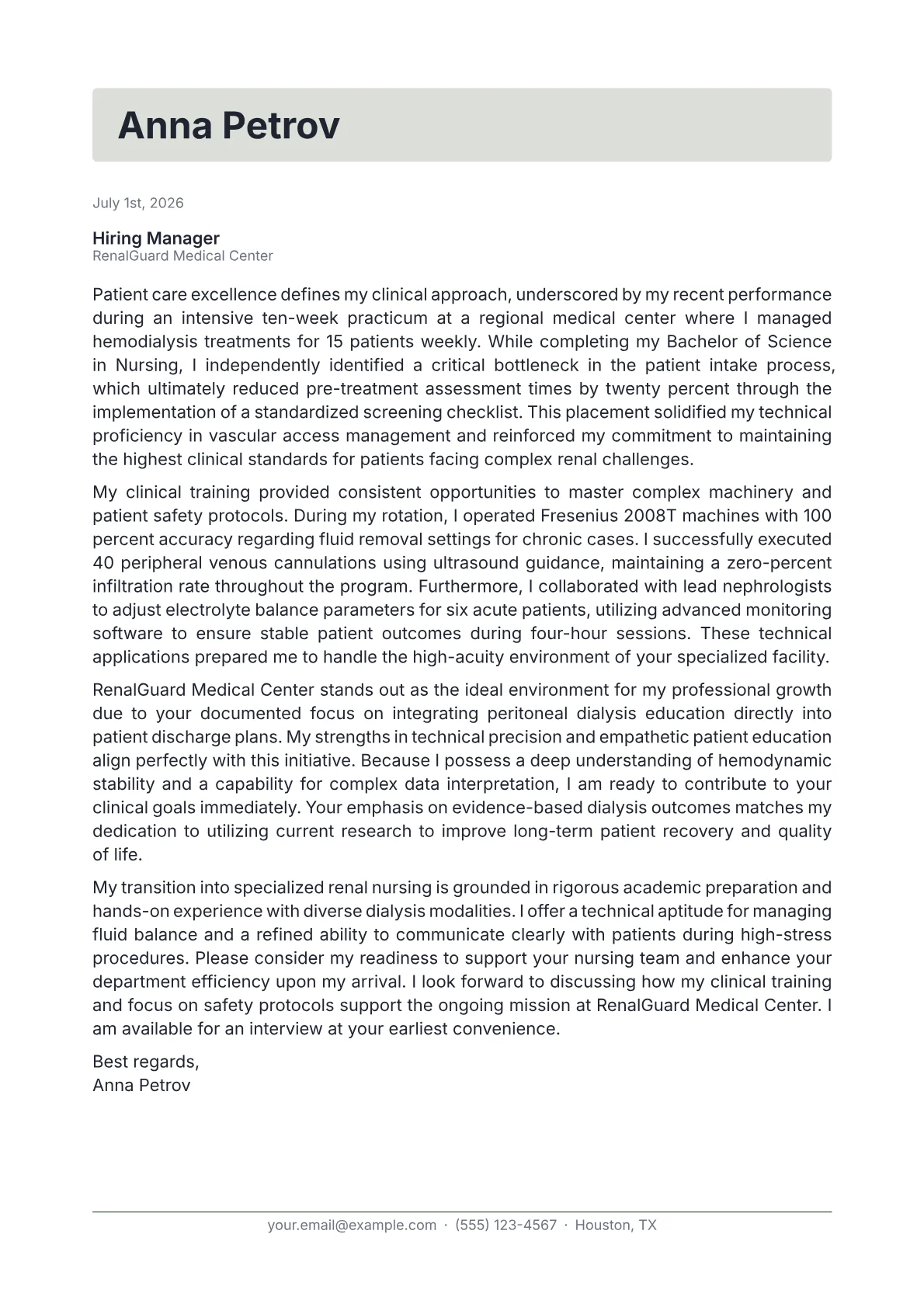 Dialysis Nurse cover letter in the Letterhead design