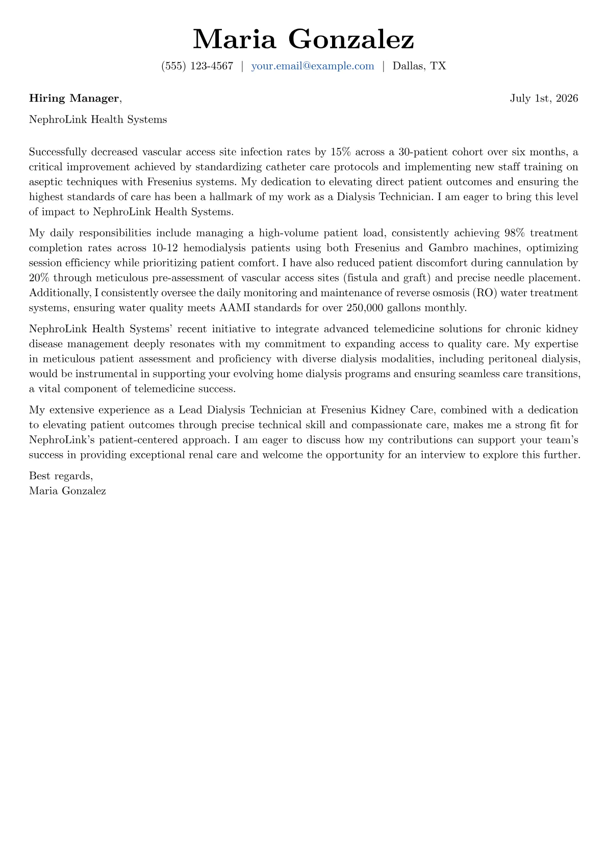Dialysis Technician cover letter formatted with a JobSprout template