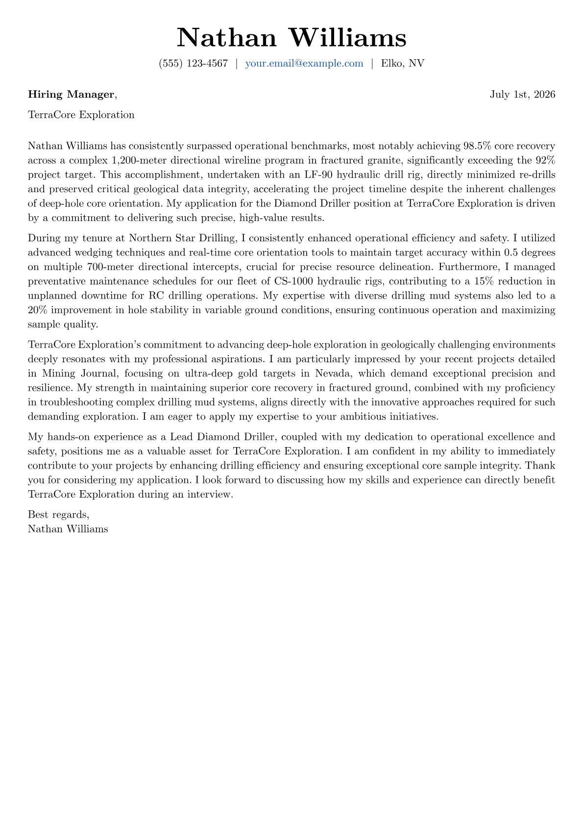 Diamond Driller cover letter formatted with a JobSprout template