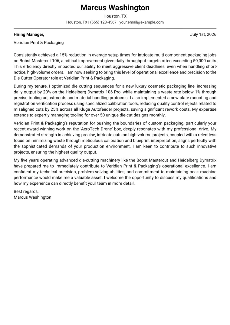 Die Cutter Operator cover letter example