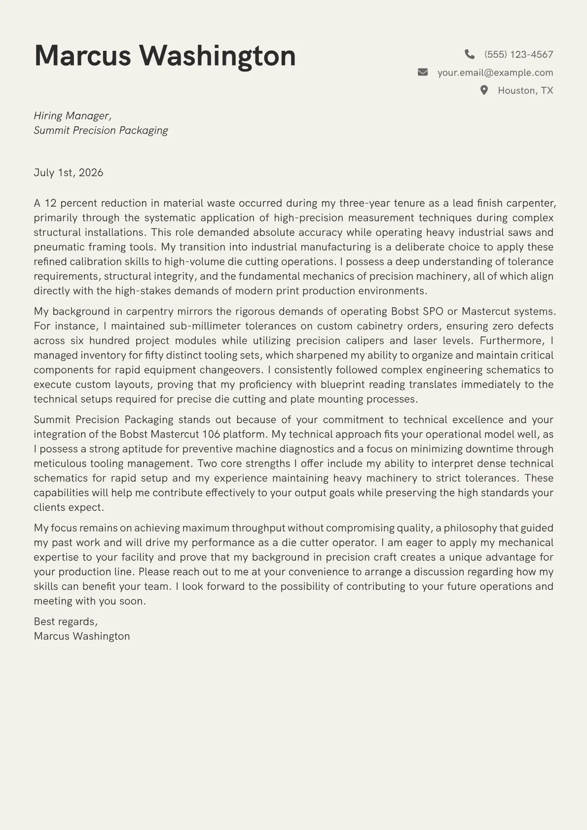 Die Cutter Operator cover letter in the Creative design