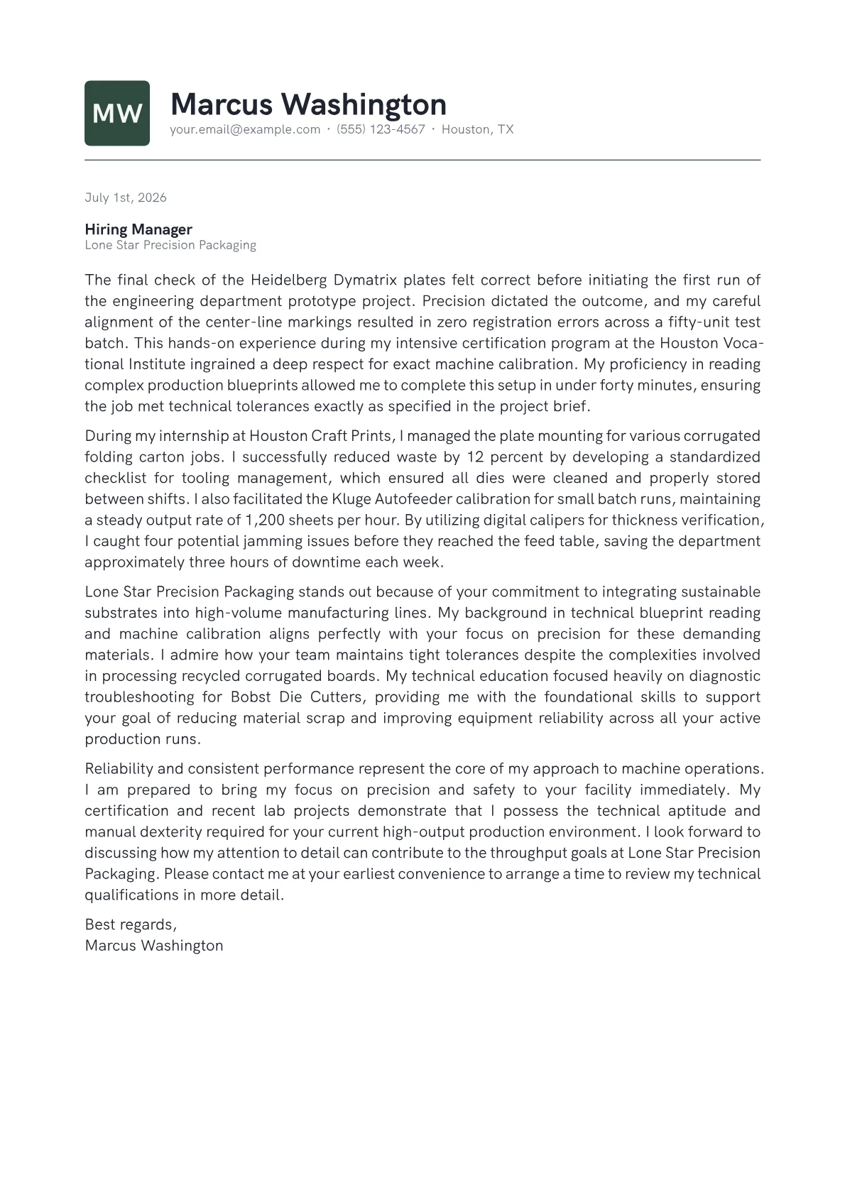 Die Cutter Operator cover letter in the Emblem design