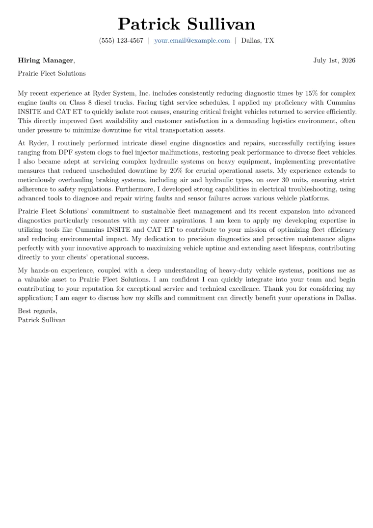Diesel Engine Mechanic cover letter example preview