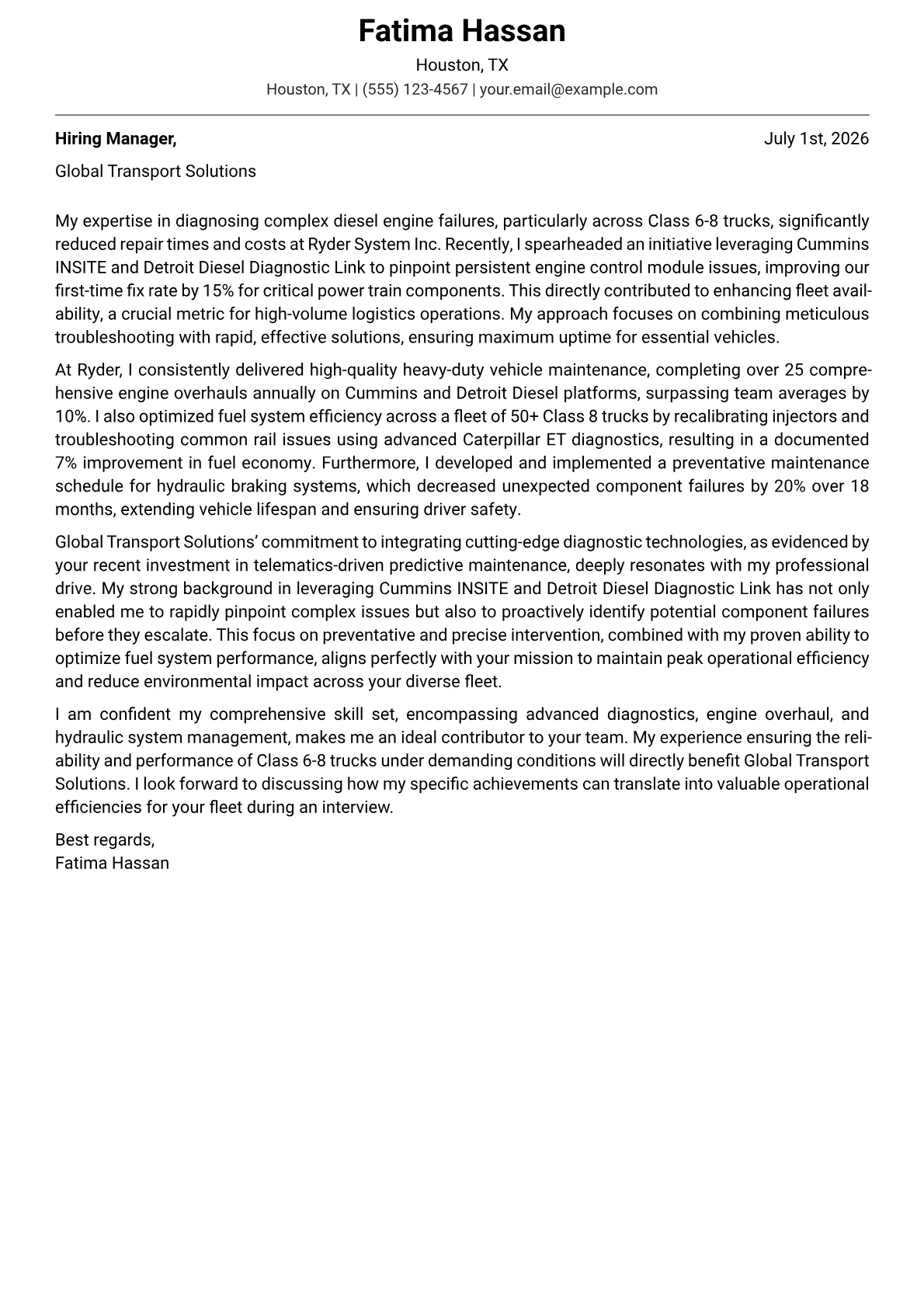 Diesel Mechanic cover letter formatted with a JobSprout template