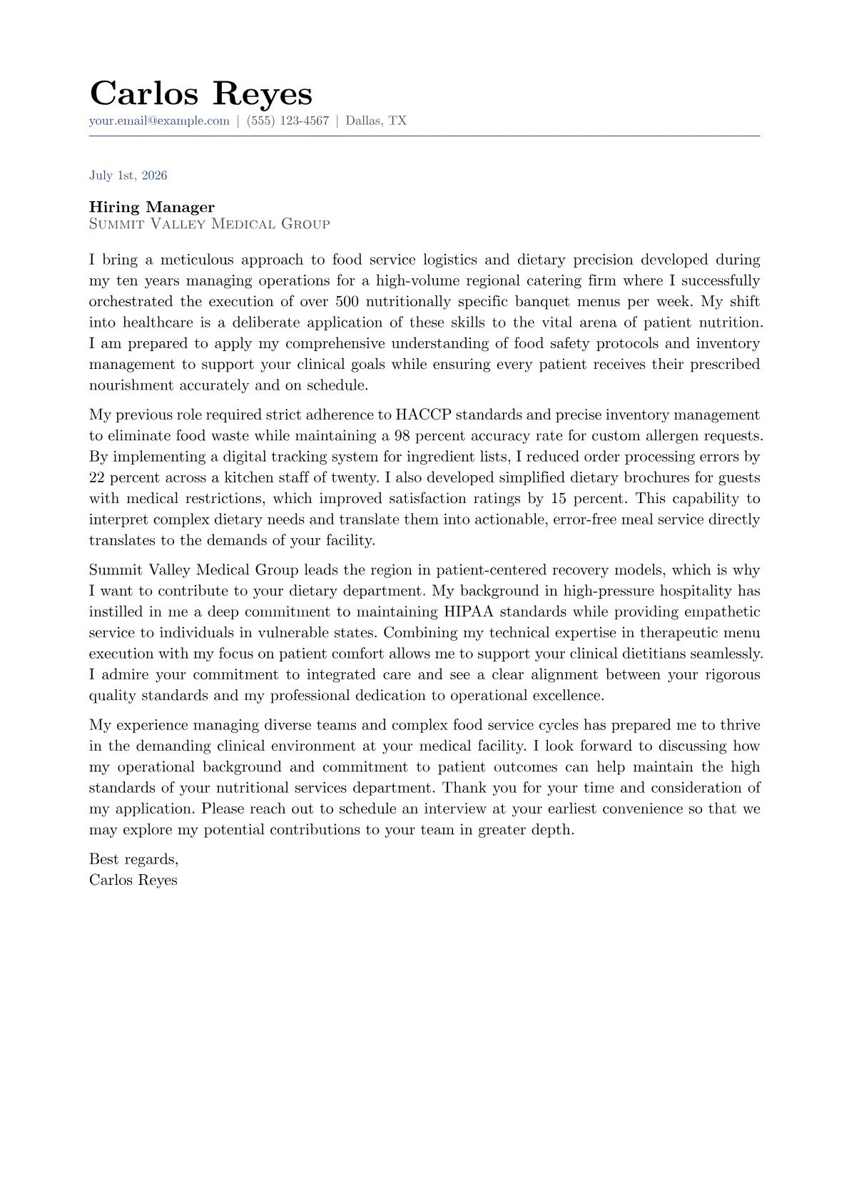 Diet Aide cover letter in the Classic design