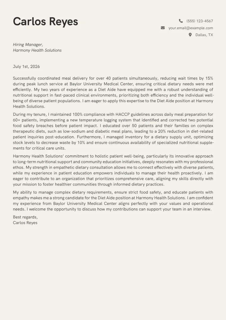 Diet Aide Cover Letter Example