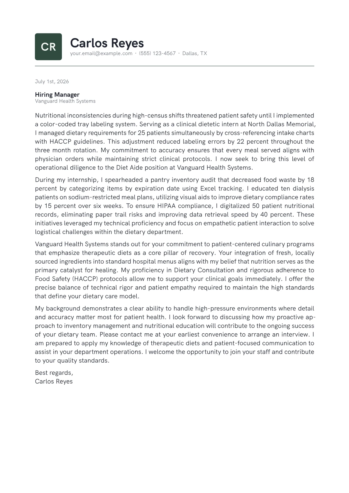 Diet Aide cover letter in the Emblem design