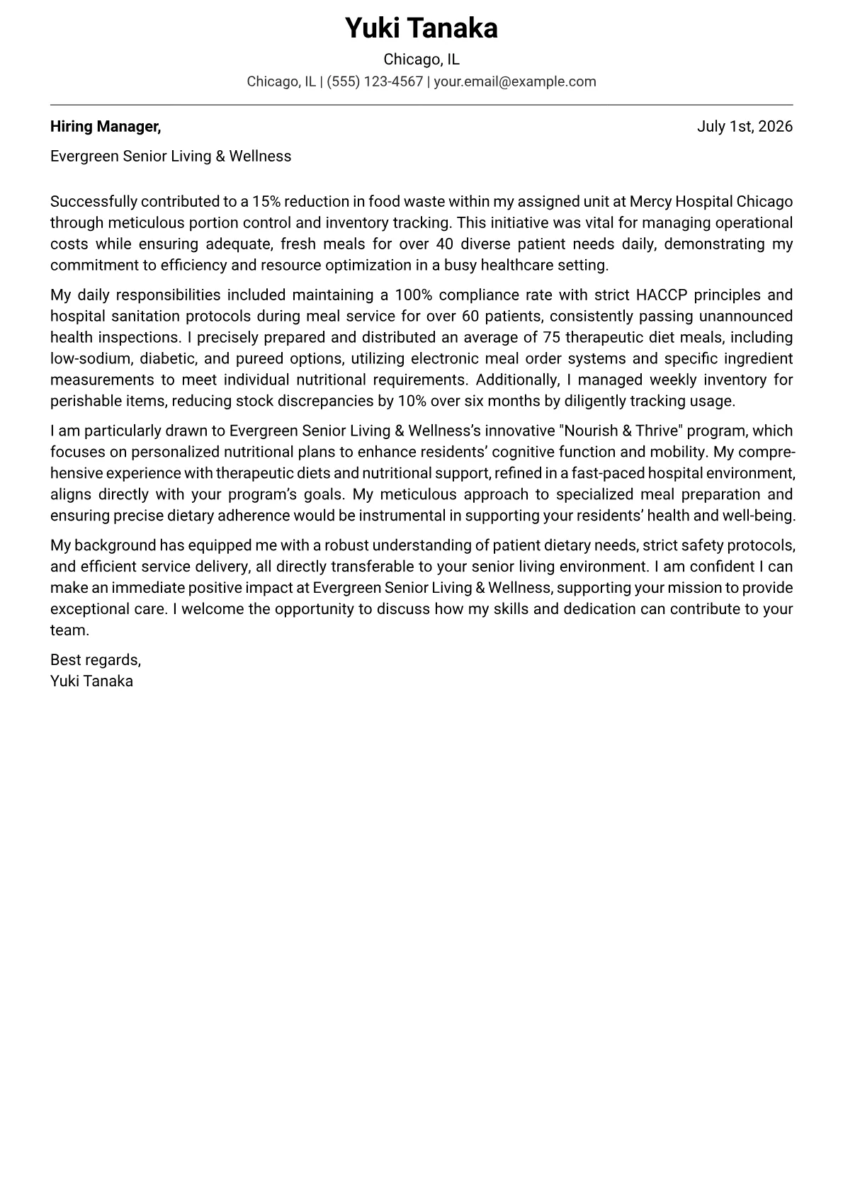 Dietary Aide cover letter formatted with a JobSprout template