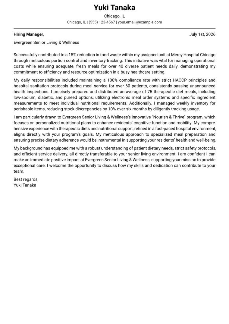 Dietary Aide cover letter example preview