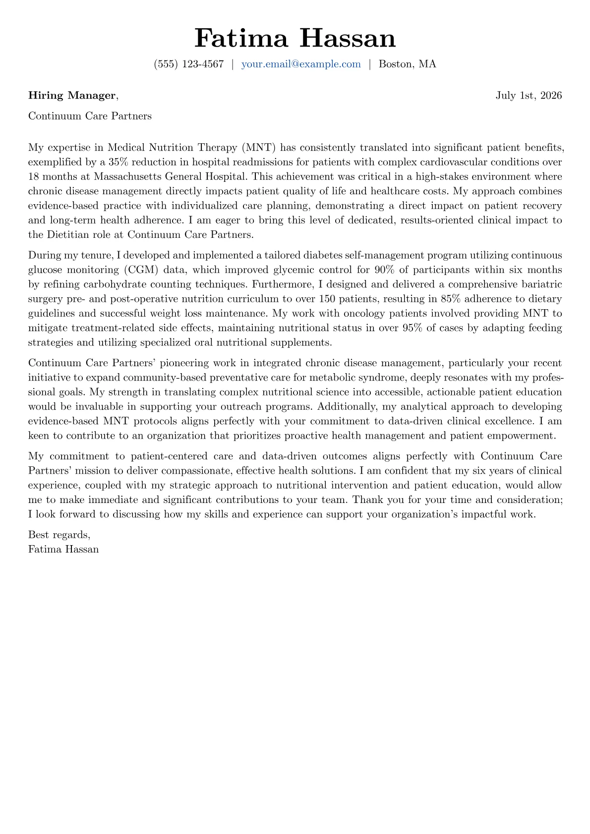 Dietitian cover letter formatted with a JobSprout template