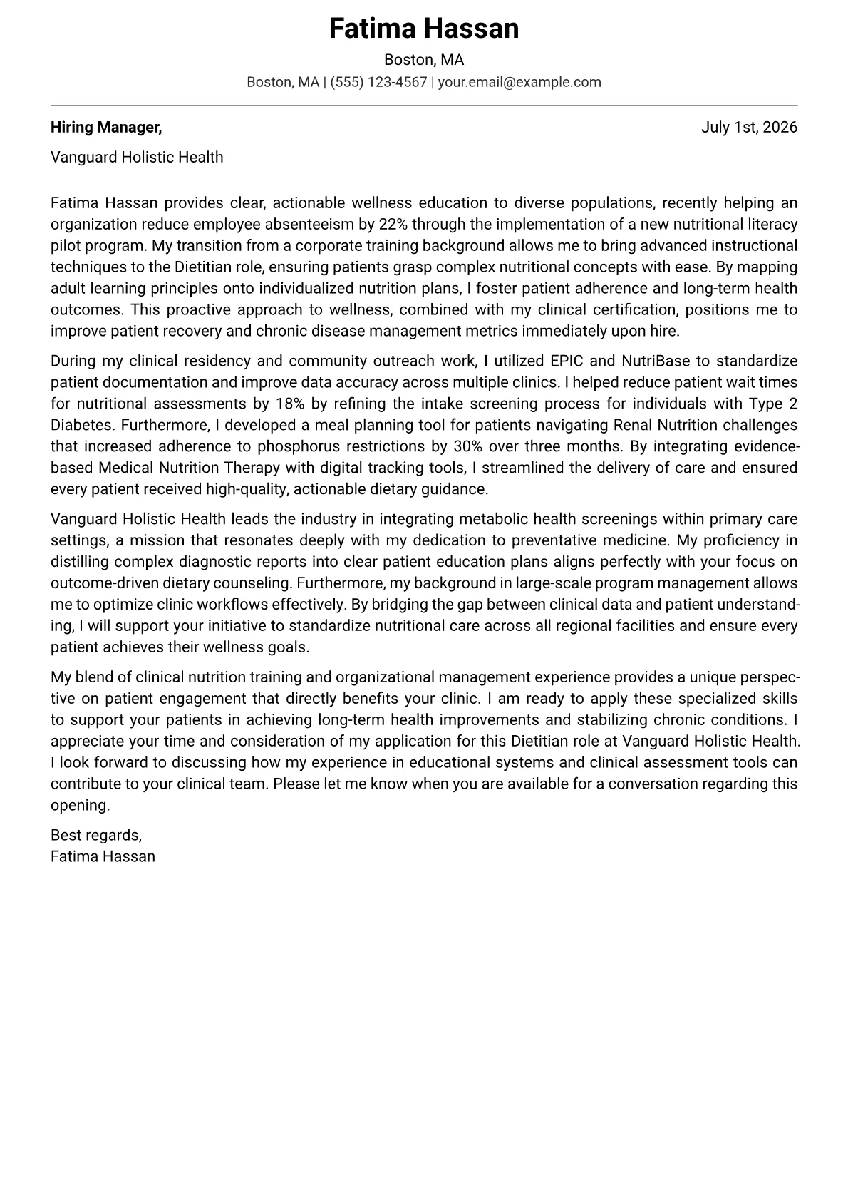 Dietitian cover letter in the Modern design