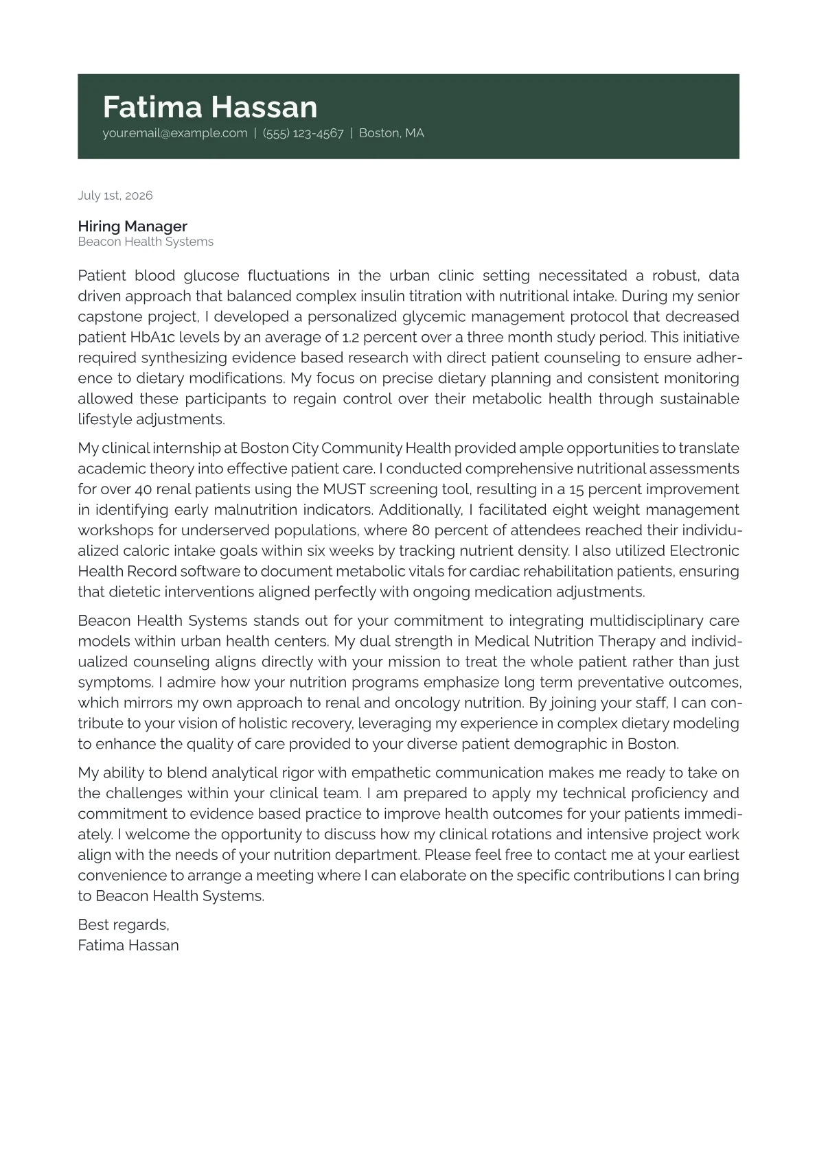 Dietitian cover letter in the Banner design