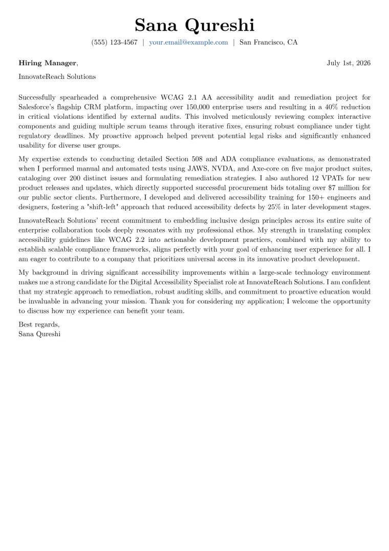 Digital Accessibility Specialist cover letter example