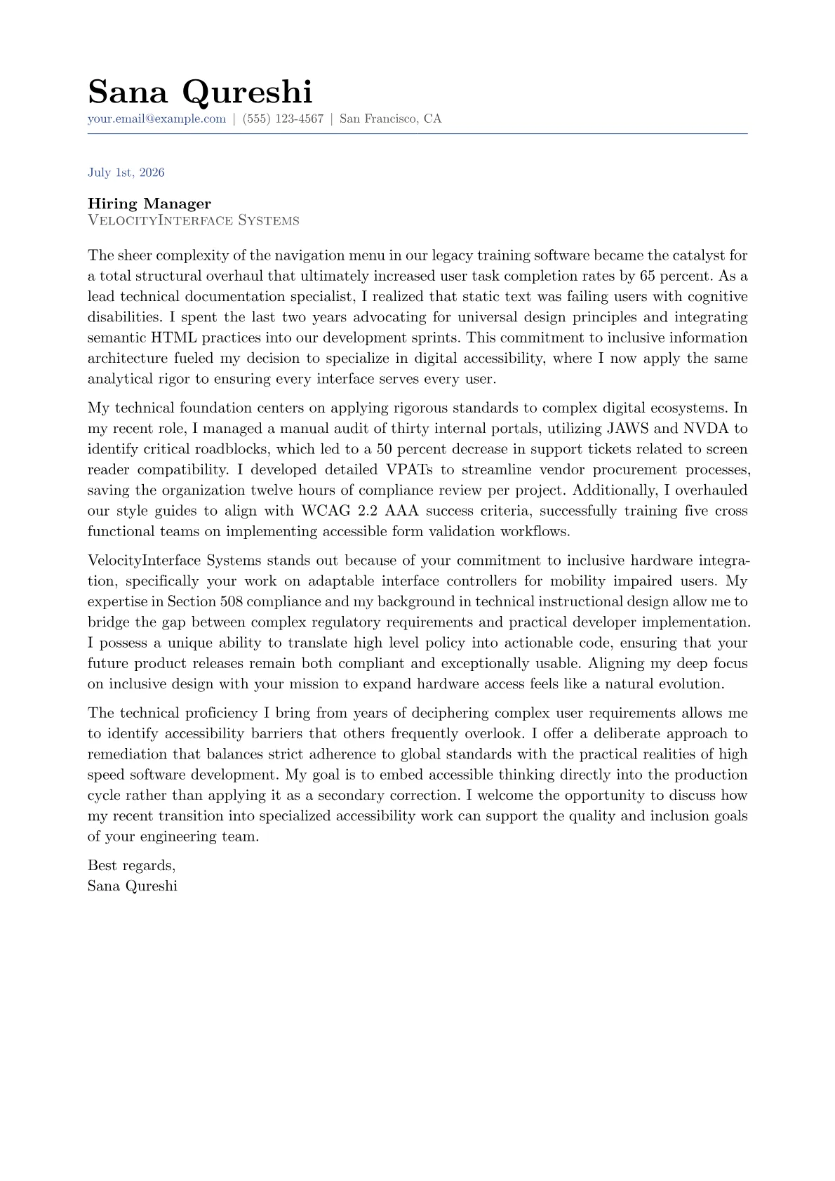 Digital Accessibility Specialist cover letter in the Classic design