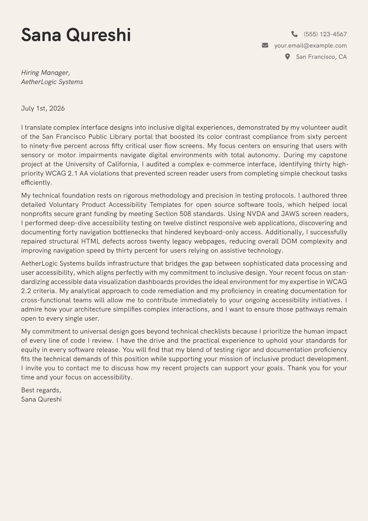 Digital Accessibility Specialist cover letter in the Creative design