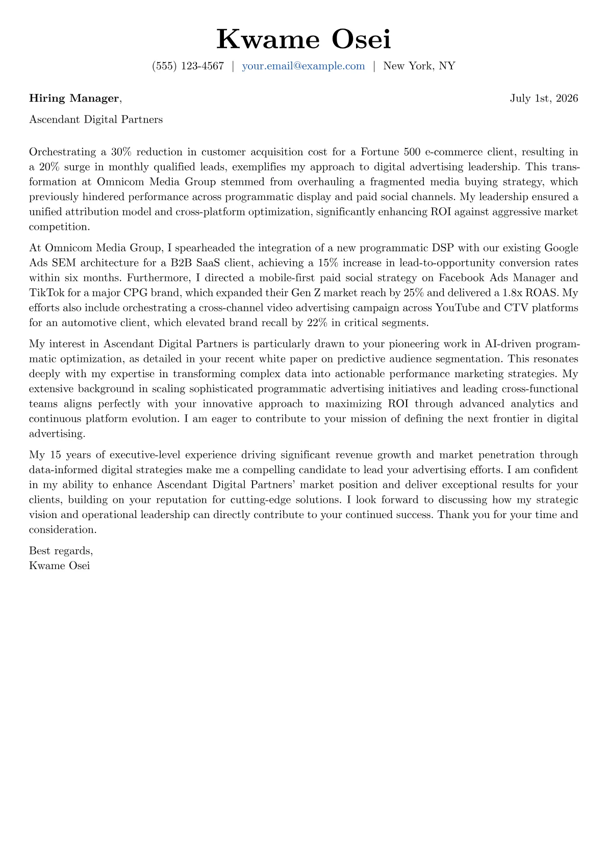 Digital Advertising Director cover letter formatted with a JobSprout template