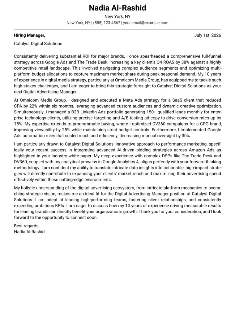 Digital Advertising Manager cover letter example preview
