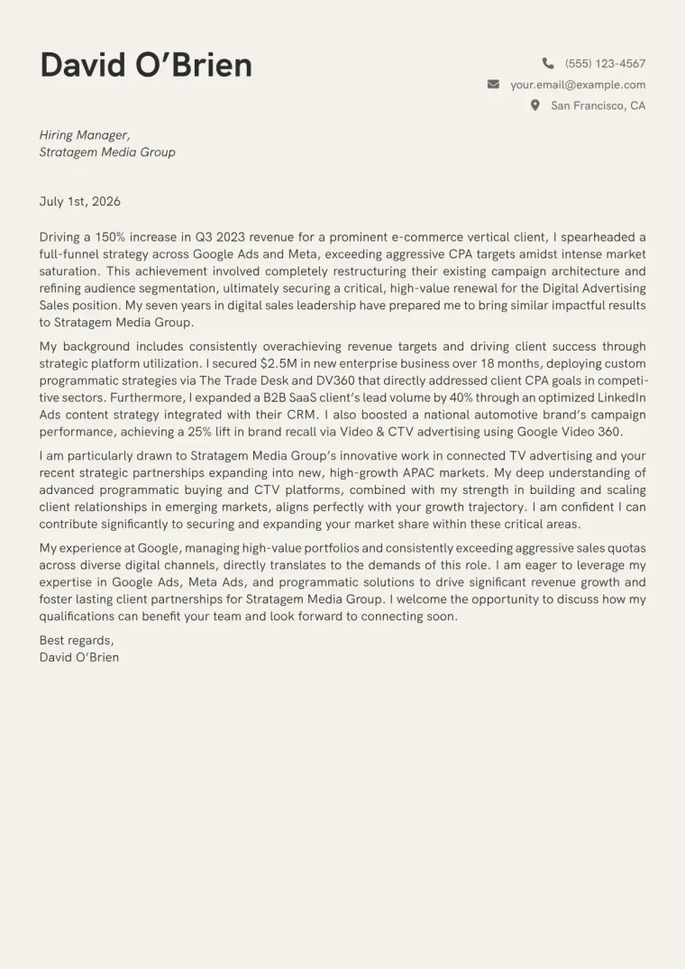 Digital Advertising Sales Cover Letter Example