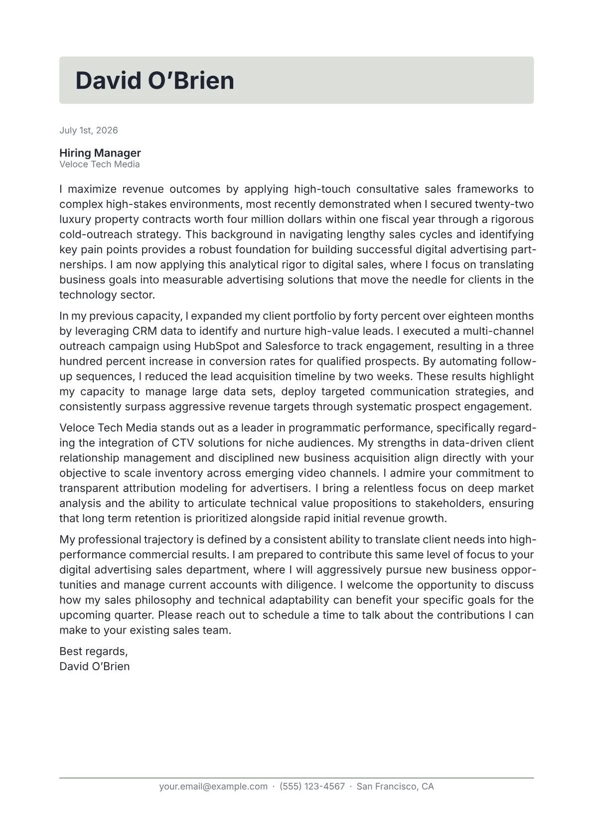 Digital Advertising Sales cover letter in the Letterhead design