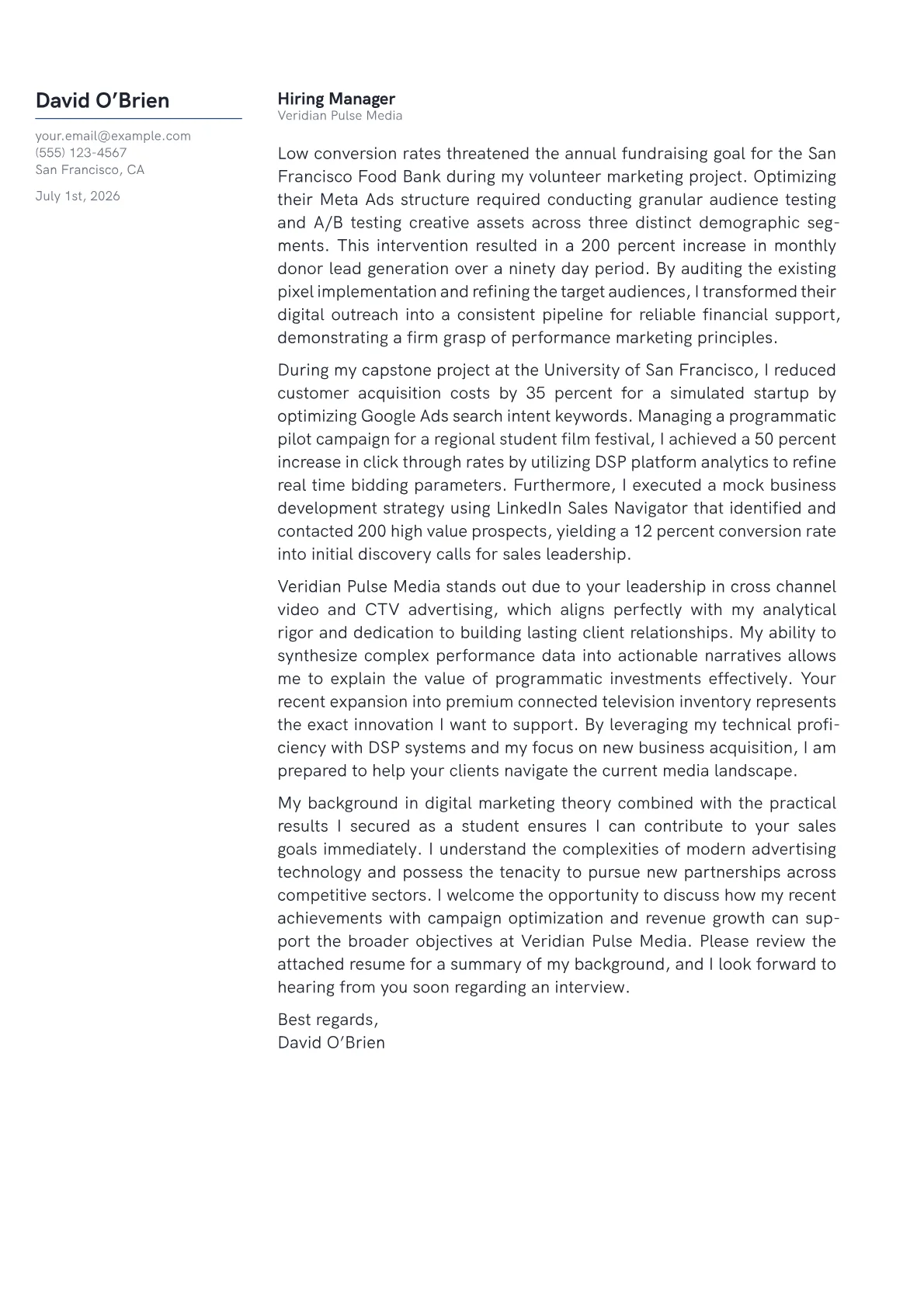 Digital Advertising Sales cover letter in the Margin design