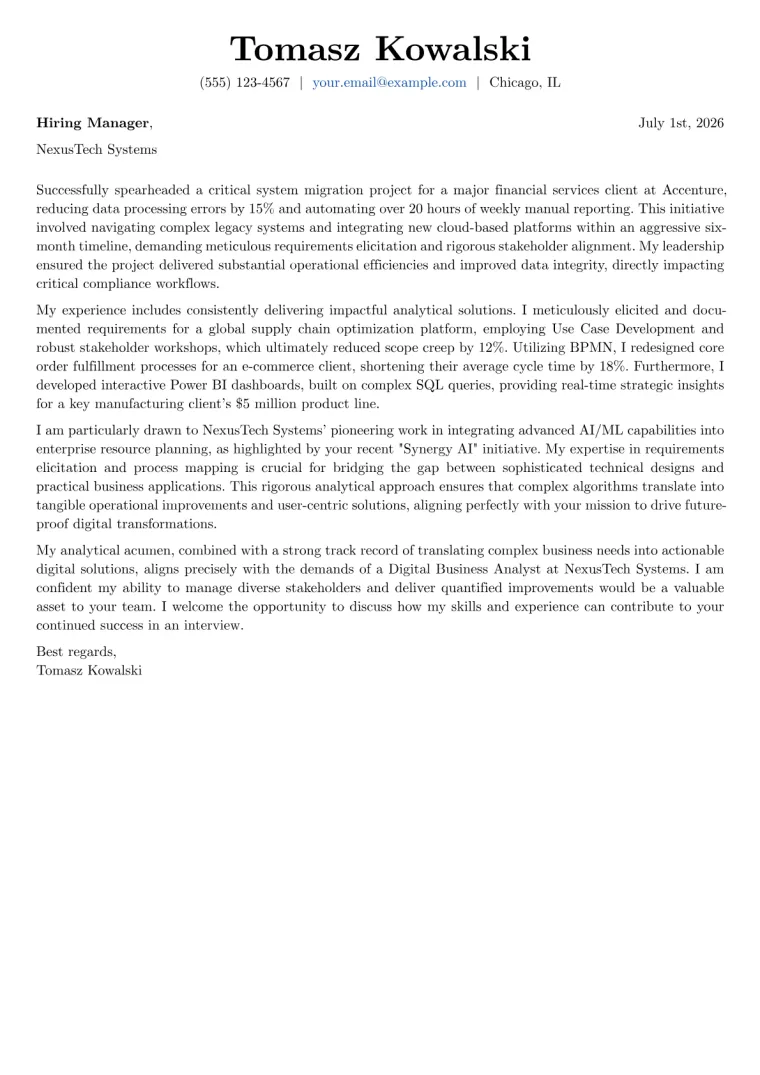 Digital Business Analyst cover letter example preview