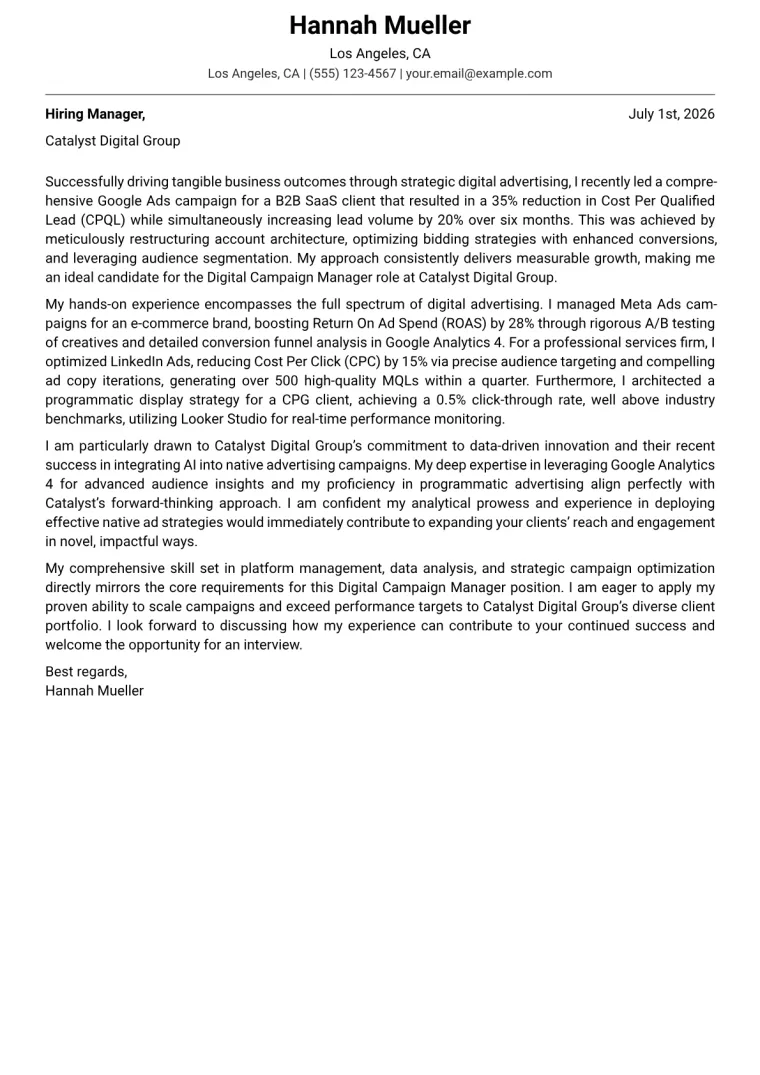 Digital Campaign Manager cover letter example preview