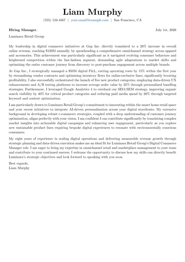 Digital Commerce Manager cover letter example