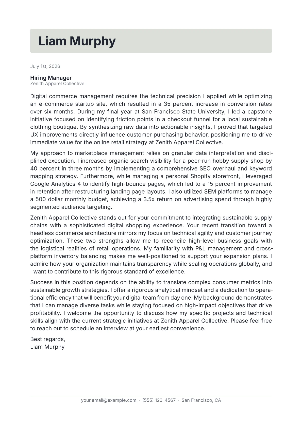 Digital Commerce Manager cover letter in the Letterhead design